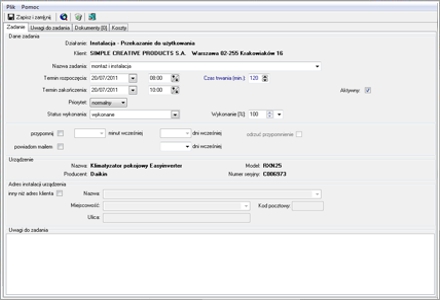 eSerwista - Zadania związane z urządzeniem